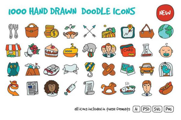 手绘涂鸦图标模版 1000 Hand Drawn Doodle Icons