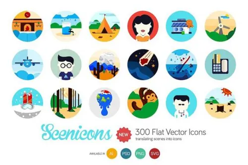 度假风景场景的扁平化彩色图标套装 Scenicons Flat icons –