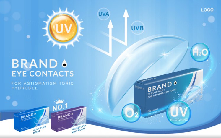 蓝色科技风隐形眼镜美瞳广告宣传海报EPS矢量设计模板