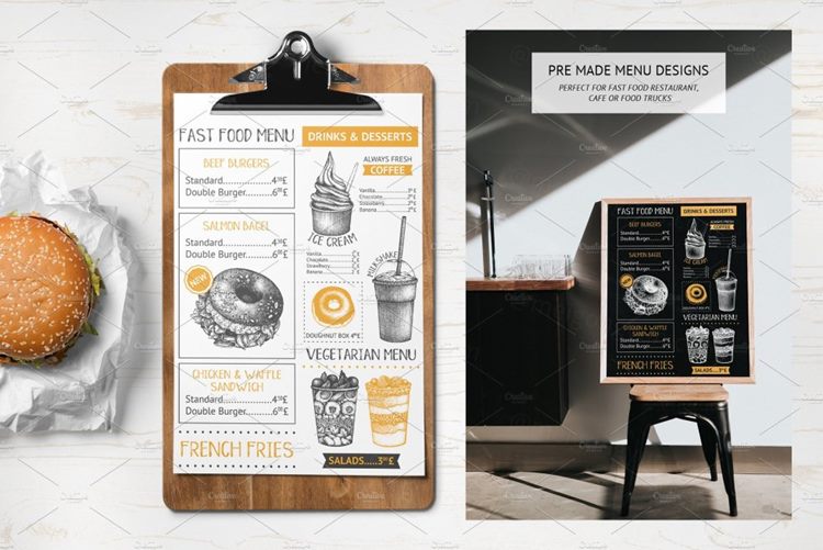 矢量手绘快餐餐厅美食插画素材 Fast-Food-Resta