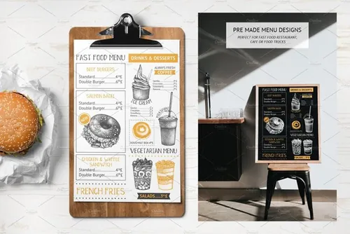 矢量手绘快餐餐厅美食插画素材 Fast-Food-Resta