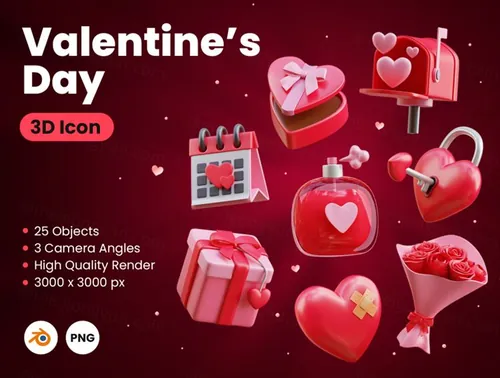 三维渲染七夕情人节钻戒爱心巧克力婚床礼盒玫瑰花爱情主题图标3