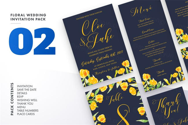 水彩花卉婚礼邀请函贺卡设计模板 Floral-Wedding-Invitation-Set-