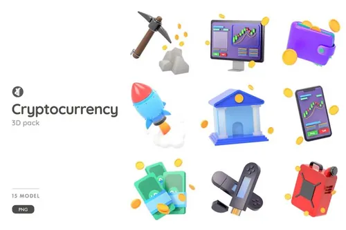 加密货币挖矿钱包股票虚拟货币主题3D插图PNG素材 Cryp