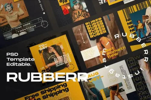 优雅热情的橙色系Ins时尚新媒体营销海报PSD模板 RUBBBER -