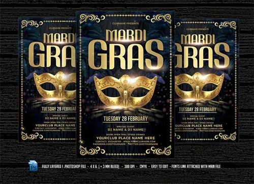高端狂欢嘉年华派对party海报DM传单设计模板 mardi_gras_flyer_S8JSBD