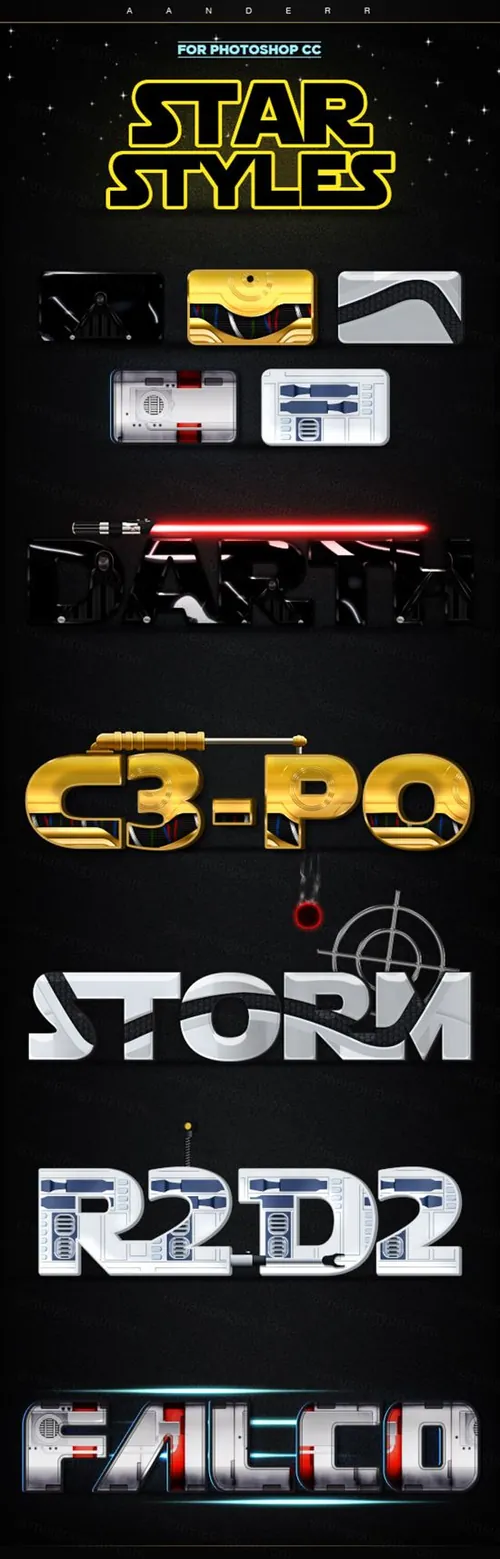 高端星球大战风格3D立体PSD图层样式素材Star Styles