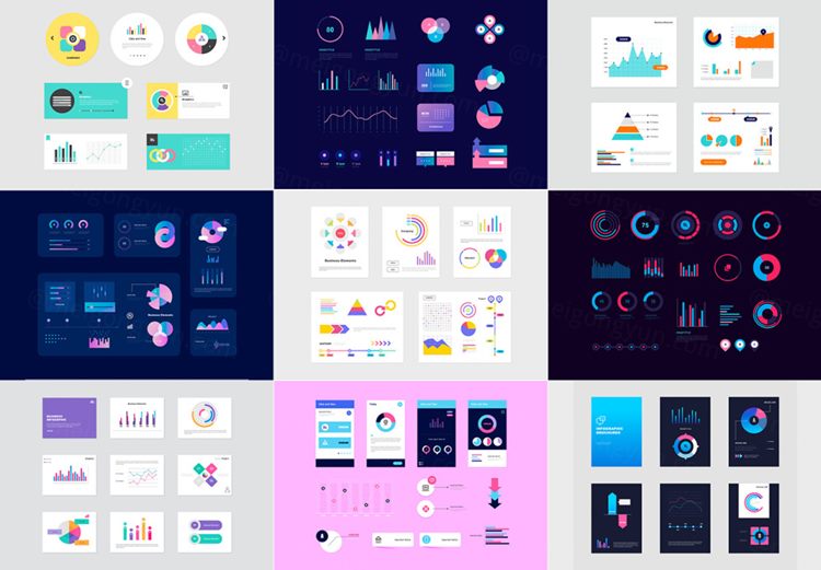 桃红色渐变企业信息图表元素矢量素材合集 infographi