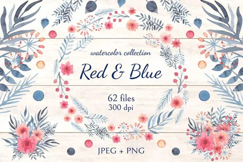 柔和舒适的蓝红水彩画花卉装饰免抠图素材合辑 Red  Blu
