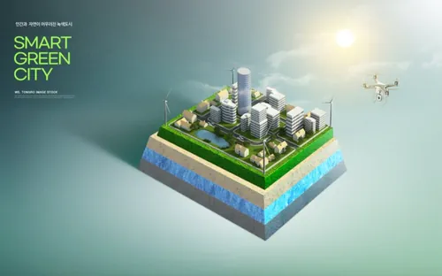 智能绿色环保城市宣传未来科技CG三维合成概念海报PSD模板 Smart Green City