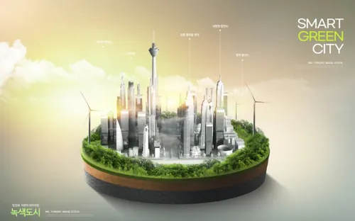 智能绿色环保城市宣传未来科技CG三维合成概念海报PSD模板 Smart Green City