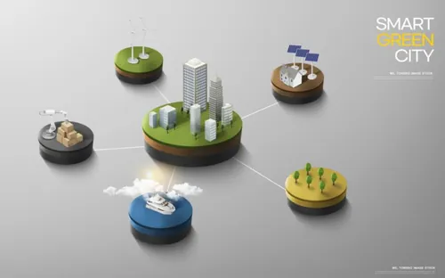 智能绿色环保城市宣传未来科技CG三维合成概念海报PSD模板 Smart Green City