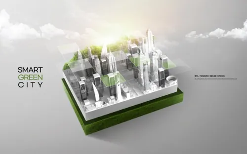 智能绿色环保城市宣传未来科技CG三维合成概念海报PSD模板 Smart Green City