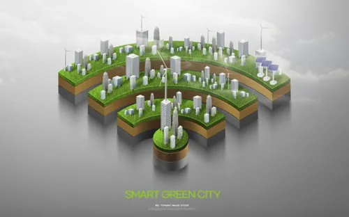 智能绿色环保城市宣传未来科技CG三维合成概念海报PSD模板 Smart Green City