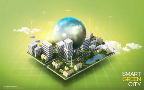 智能绿色环保城市宣传未来科技CG三维合成概念海报PSD模板 Smart Green City