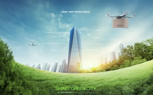 智能绿色环保城市宣传未来科技CG三维合成概念海报PSD模板 Smart Green City
