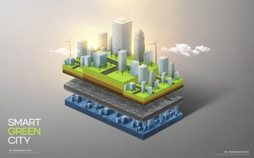 智能绿色环保城市宣传未来科技CG三维合成概念海报PSD模板 Smart Green City
