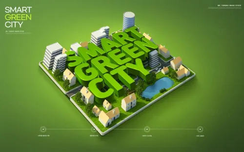 智能绿色环保城市宣传未来科技CG三维合成概念海报PSD模板 Smart Green City