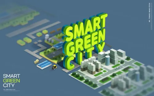 智能绿色环保城市宣传未来科技CG三维合成概念海报PSD模板 Smart Green City