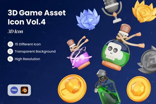 三维渲染魔法药水金币钱袋勋章游戏主题元素3D插画素材 3D