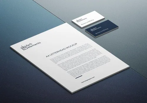 A4纸张模型和名片模型PSD贴图模板Dark Elements / A4 paper with business cards ...