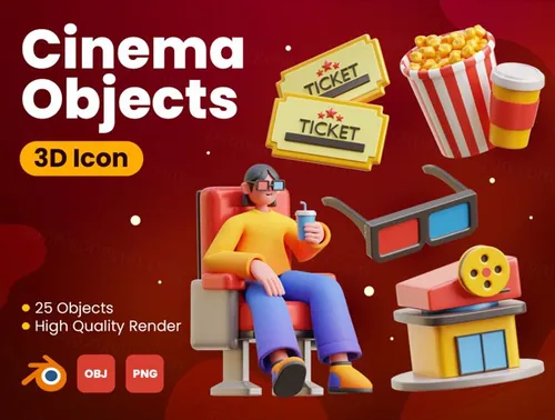 高质量三维渲染影音播放电影院主题3D插画图标素材合辑 Cin