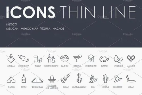 墨西哥元素图标素材 Mexico thinline icons