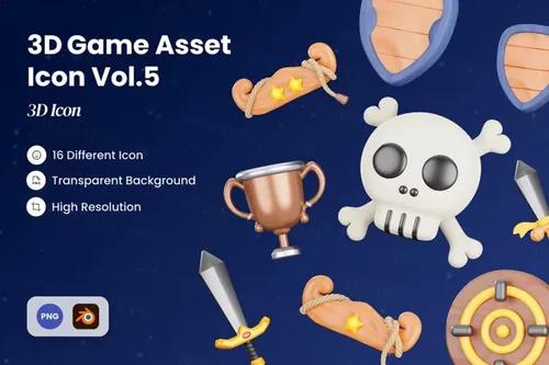 三维渲染武器盾牌骷髅头奖杯游戏主题元素3D插画素材 3D G