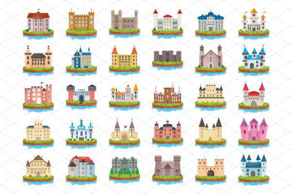 50个城堡岛平面矢量图标素材Castle Island Flat Vector