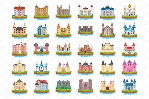 50个城堡岛平面矢量图标素材Castle Island Flat Vector