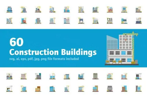 60个平面建筑图标素材Flat Construction Building Ic