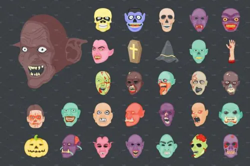 扁平化万圣节面具图标 55 Flat Halloween Icons