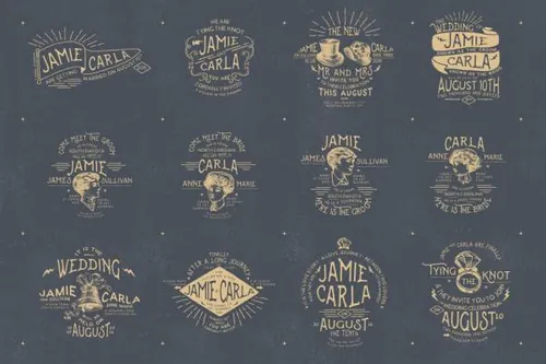 经典婚礼图标素材 12 Vintage Wedding Badges Stick