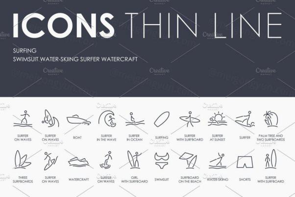 冲浪矢量图标素材 Surfing thinline icons