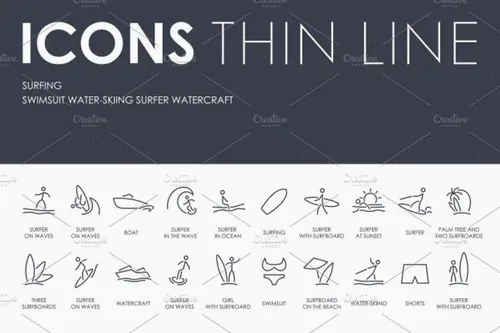 冲浪矢量图标素材 Surfing thinline icons