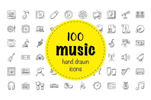 手绘音乐元素矢量图标 100 Music Hand Drawn Icons Se