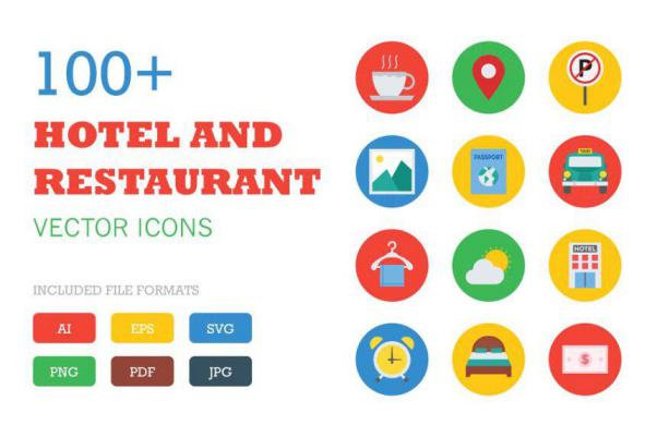 100 酒店和餐厅图标素材 Flat Hotel and Restaurant