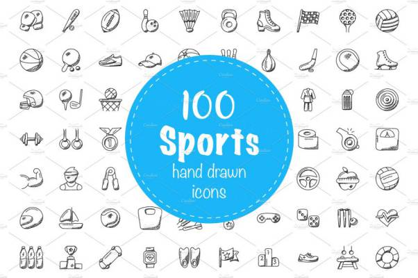 100个体育涂鸦线框图标素材 100 Sports Doodle Icons