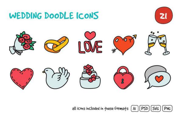 婚礼元素图标素材 Wedding Doodle Icons Set