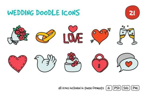 婚礼元素图标素材 Wedding Doodle Icons Set