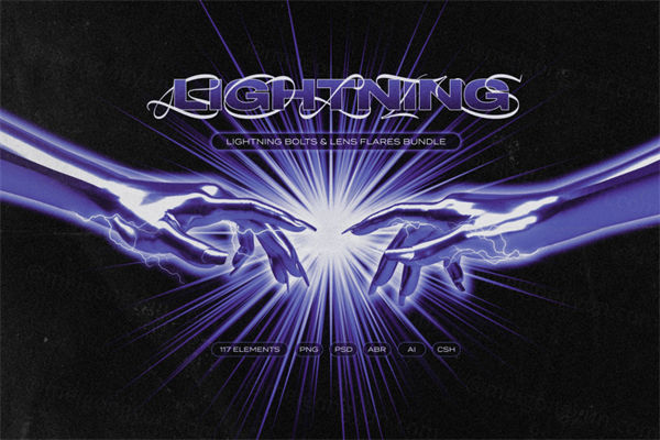 新潮流抽象酸性艺术雷电闪电光晕炫光素材 Lightning bolts