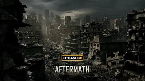 末日战争废墟残垣断壁战区破烂楼房街道城市建筑3D模型设计素材