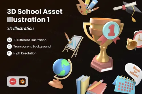 三维渲染奖杯画笔书本地球仪学校主题元素3D插画素材3D Sc