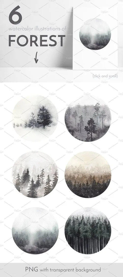 6组森林水彩插画高清素材 Watercolor illustrations of FOREST
