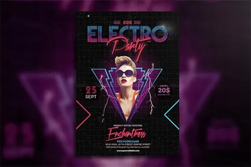 80年代的电子派对宣传单模板 80’s Electro Party Flyer