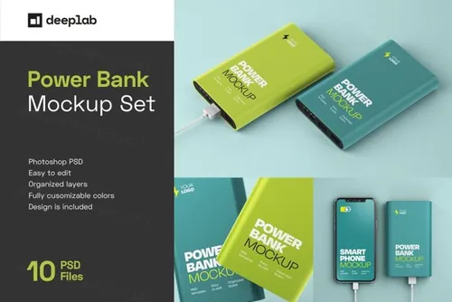 移动充电宝随身充电电源包装设计样机贴图展示PSD模板 Glossy Power Bank Mockup Set