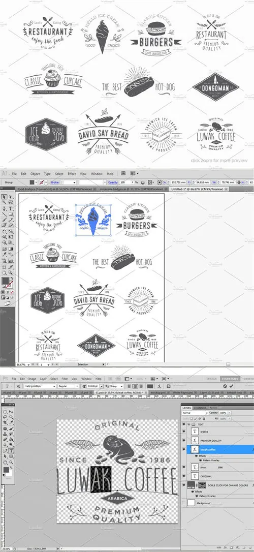 食物与饮料主题复古徽标模板 Vintages-Badges-Food-and-Drink