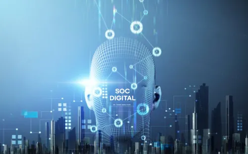 未来智能科技城市概念合成广告海报PSD模板 SOC DIGITAL