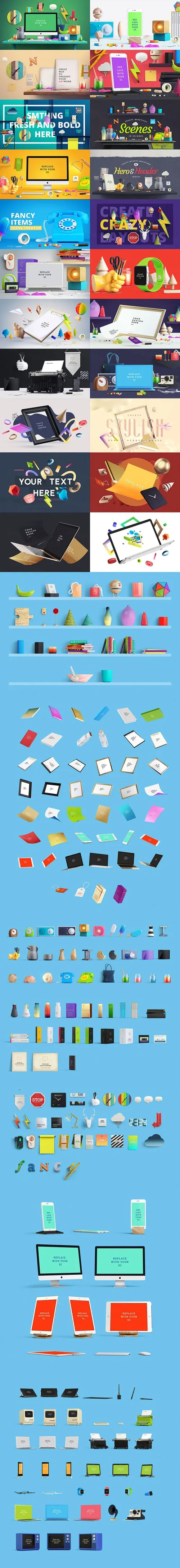 完美的一套3D卡通展示场景模型(Mockup)设计素材