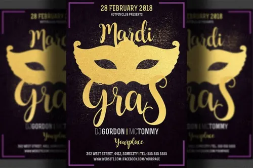 狂欢节面具化妆舞会海报制作模板 Mardi Gras Flyer Template